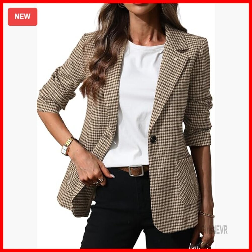 Women's Plaid Blazer with Embroidered Collar, Houndstooth Office Jacket with